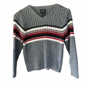 Y2K Vintage Six 6ix Grey Striped Ribbed V-Neck Sweater | Size M | Made in USA